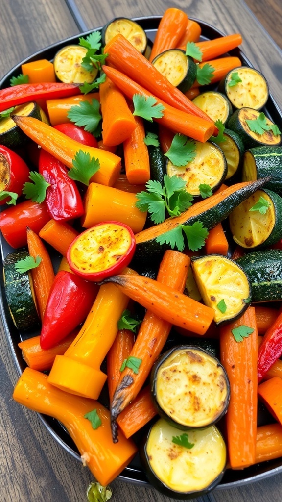 A platter of roasted bell peppers, zucchini, and carrots, garnished with parsley, on a wooden table.